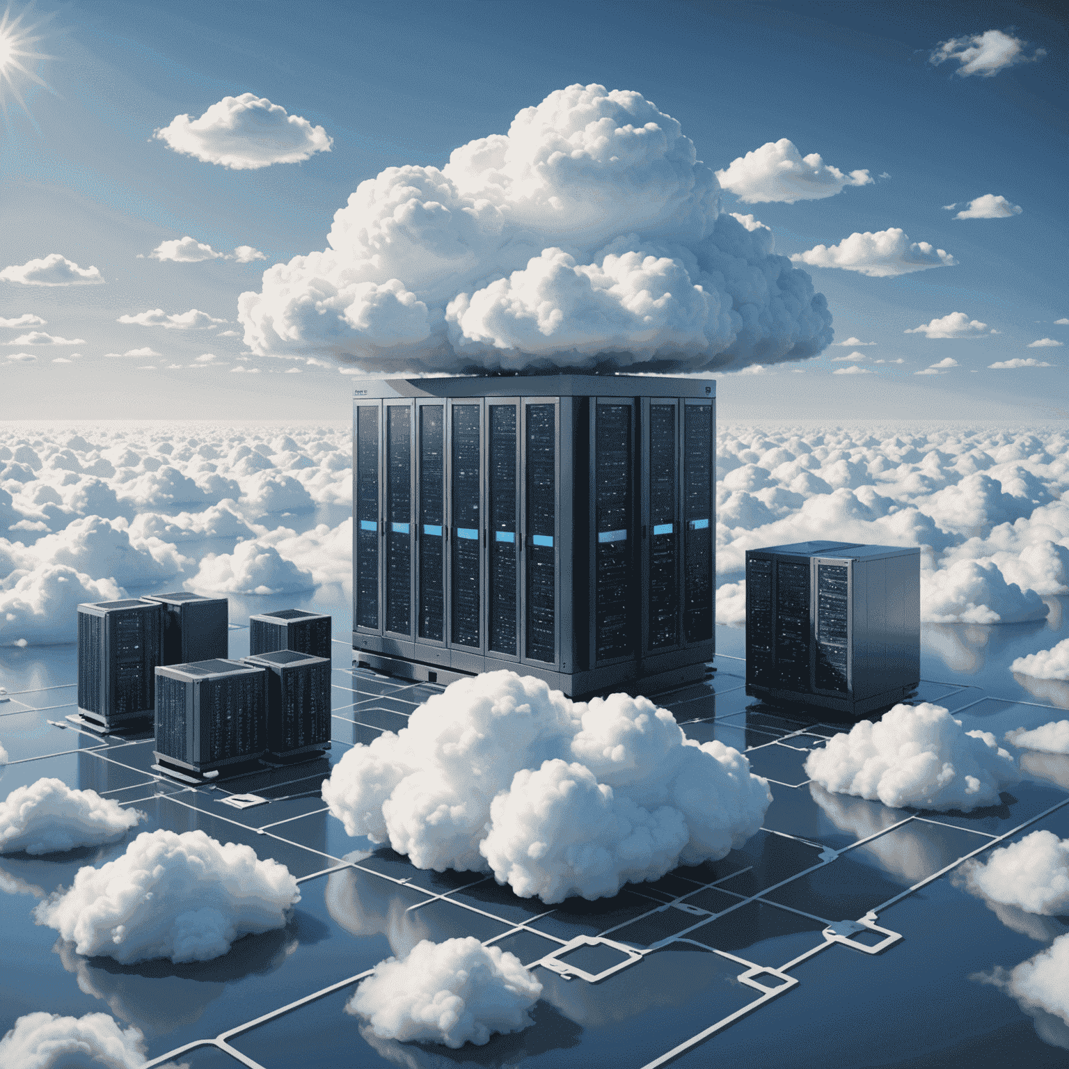 3D illustration of cloud servers and floating devices representing SaaS and cloud technology