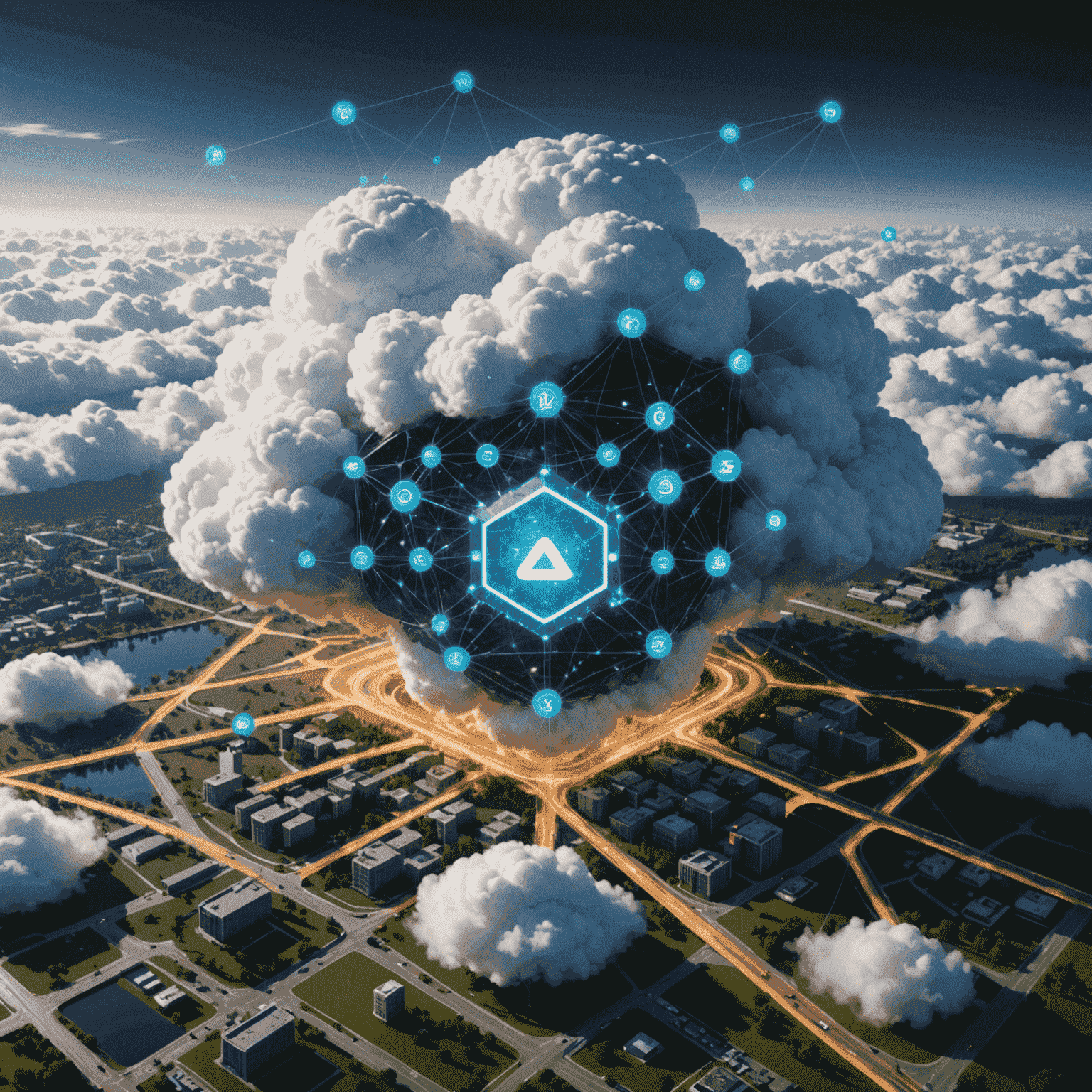 A 3D illustration showcasing a secure cloud environment with interconnected nodes, representing zero-trust architecture and AI-driven threat detection