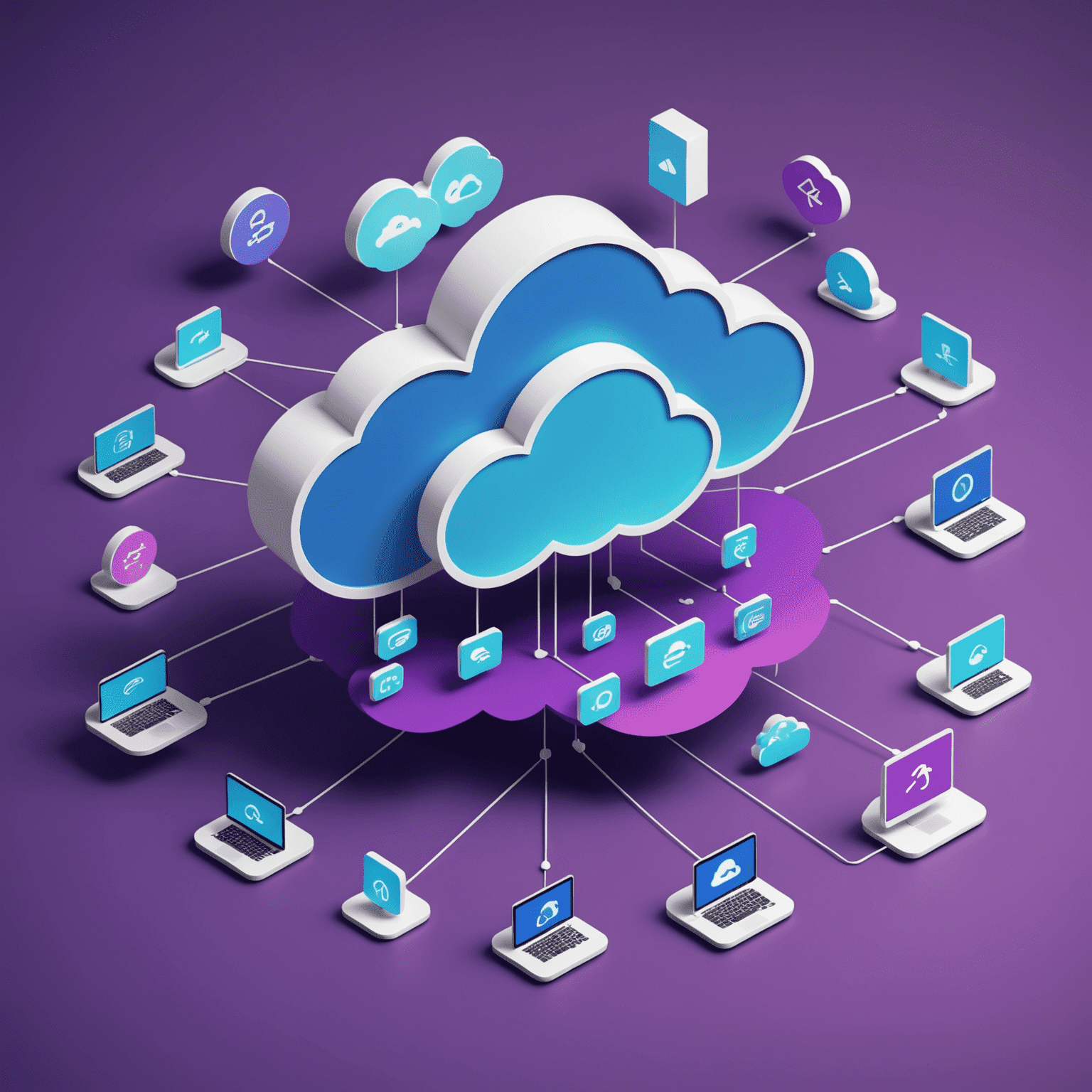 A 3D illustration showing multiple cloud-shaped icons connected by lines, representing SaaS integration in an enterprise environment. The image uses a gradient of blue (#4A90E2) to purple (#8A2BE2) colors.