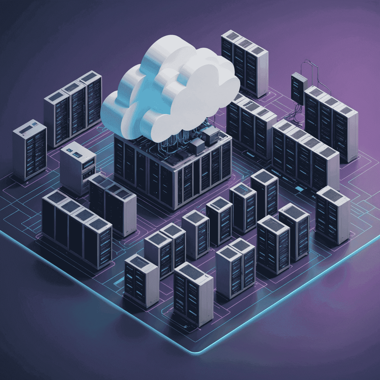 A 3D isometric illustration of cloud servers and data centers, showcasing the interconnectedness of cloud infrastructure. The image uses a color palette of blues and purples, matching the website's accent colors.