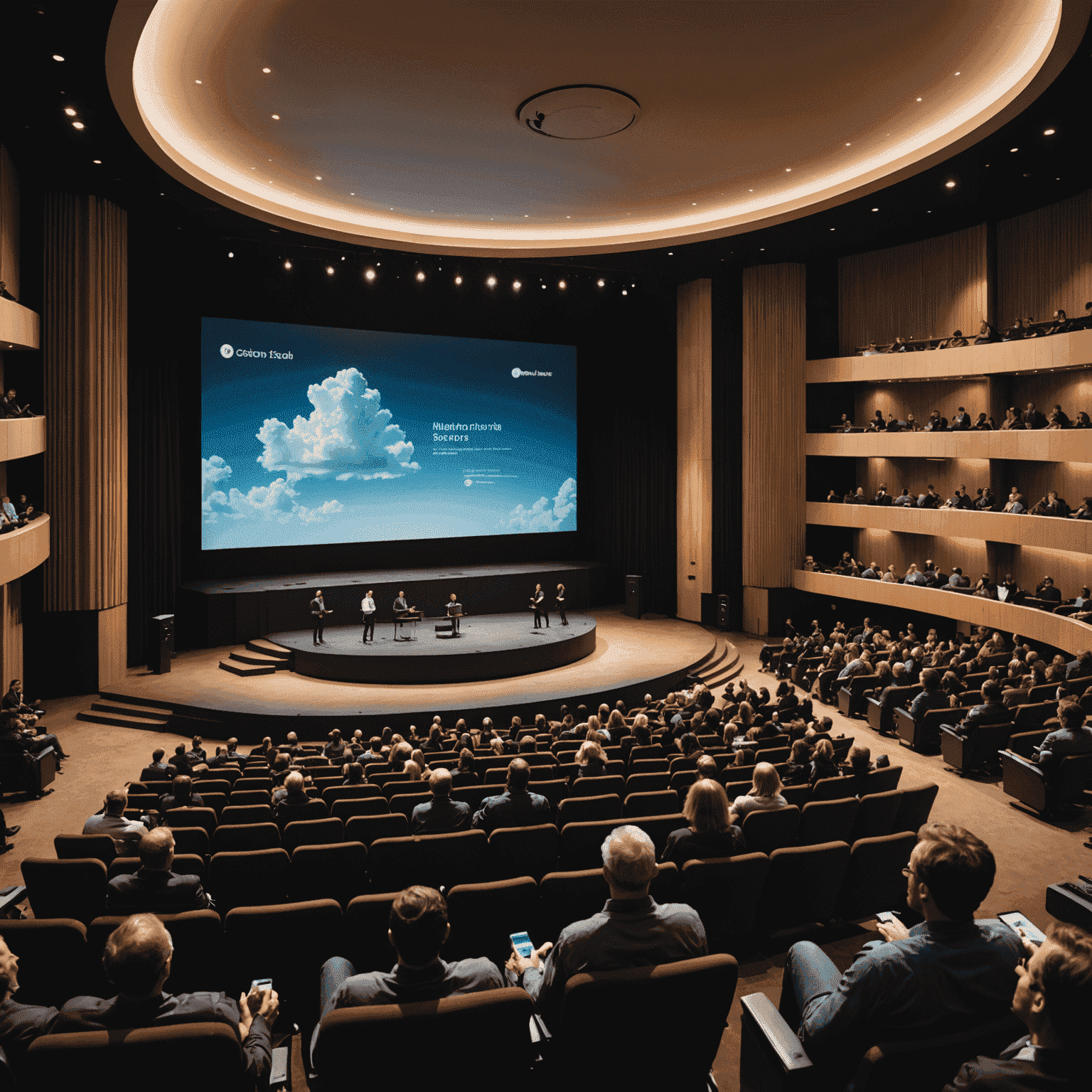 A modern auditorium-style theater with tiered seating, filled with attendees. On stage, a presenter is demonstrating a SaaS application on a large screen, showcasing cloud-based business solutions.