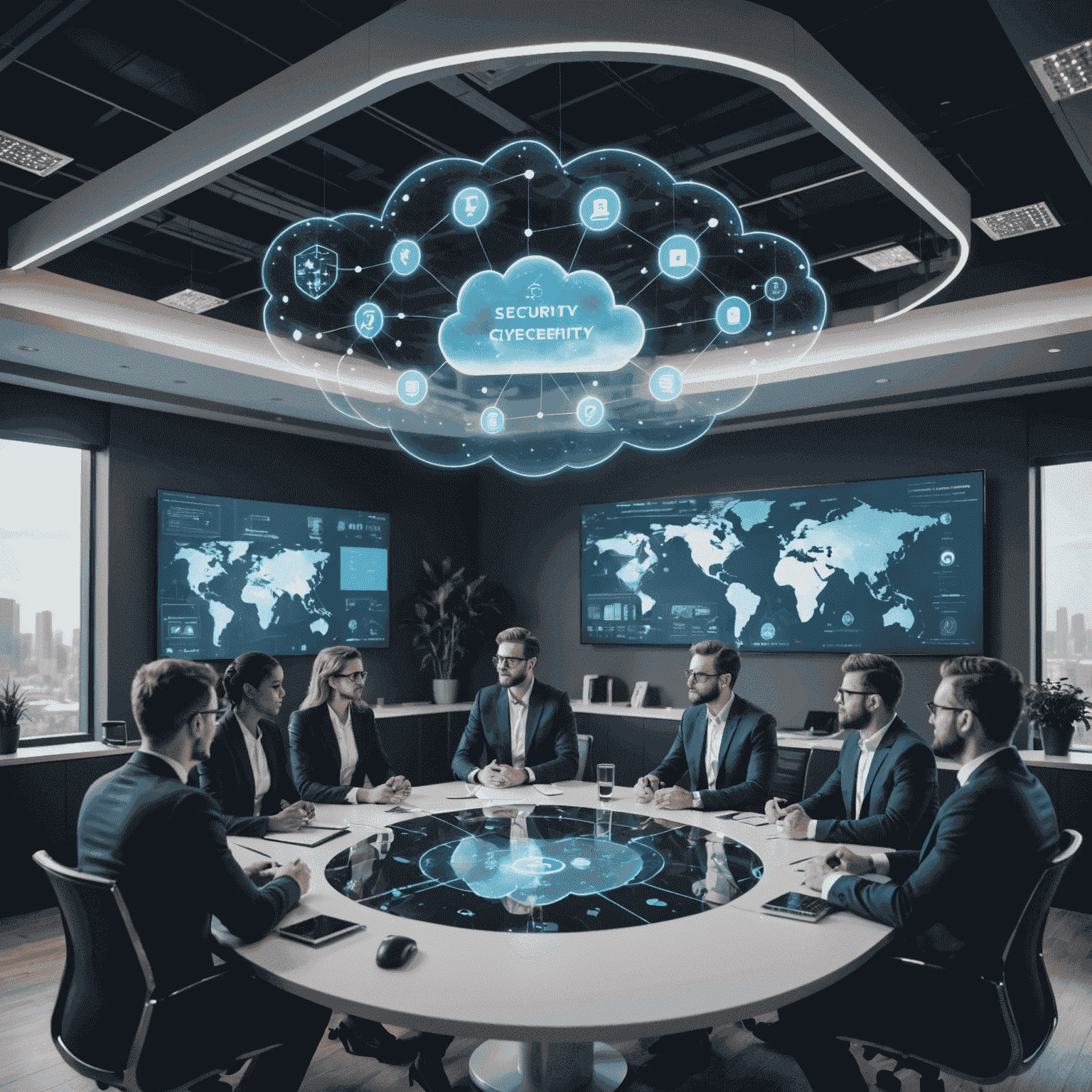 A group of cybersecurity professionals discussing cloud security strategies around a modern conference table. Holographic displays show various security diagrams and data protection icons floating above the table.