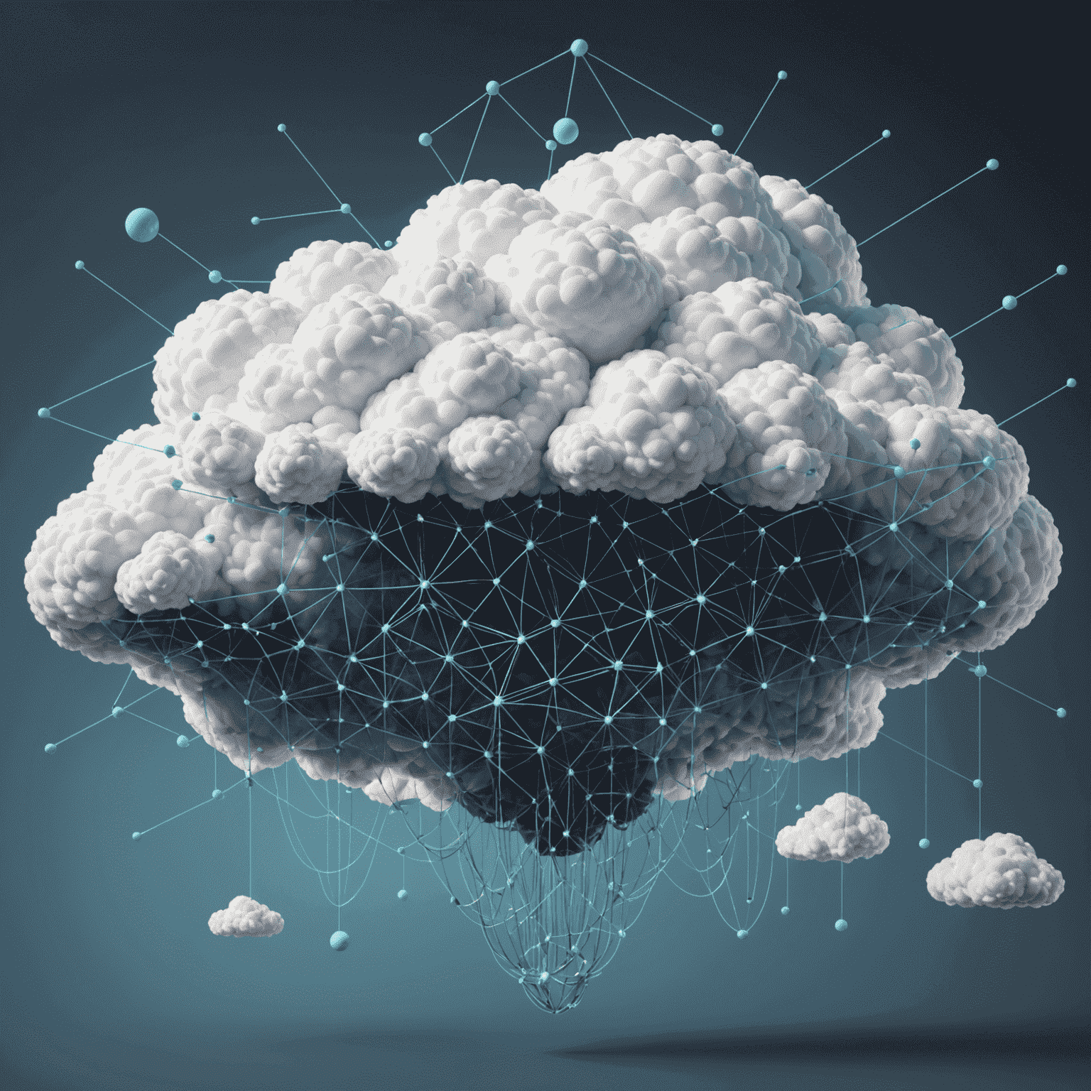 A 3D illustration showing a cloud with interconnected nodes representing AI and machine learning algorithms. The image should depict data flowing through these nodes, symbolizing the integration of AI and ML in cloud computing.