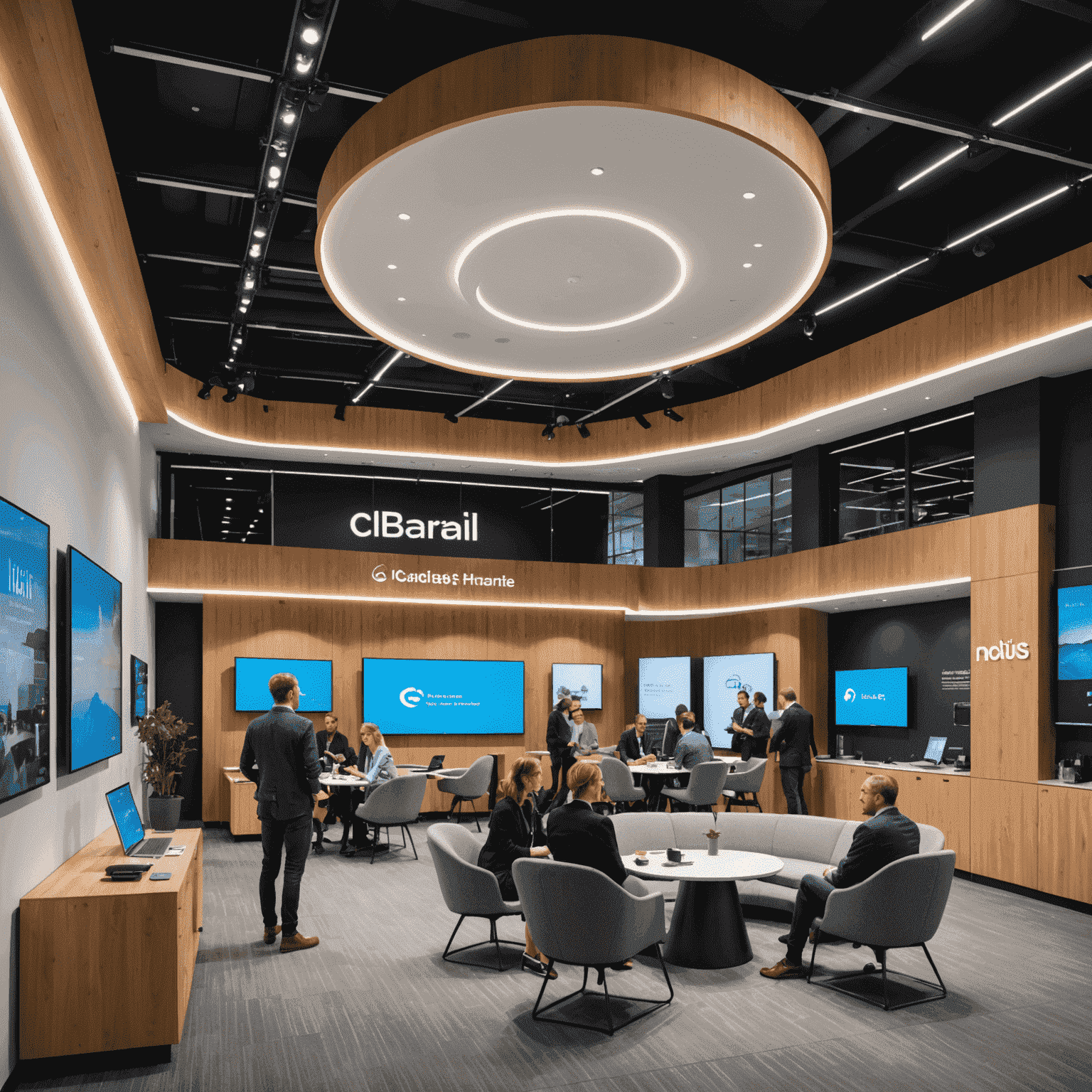 A bustling networking area with professionals engaged in conversations, collaboration pods with interactive screens, and exhibition booths showcasing innovative SaaS and cloud technologies. The space is modern and inviting, with a mix of open areas and private meeting spaces.