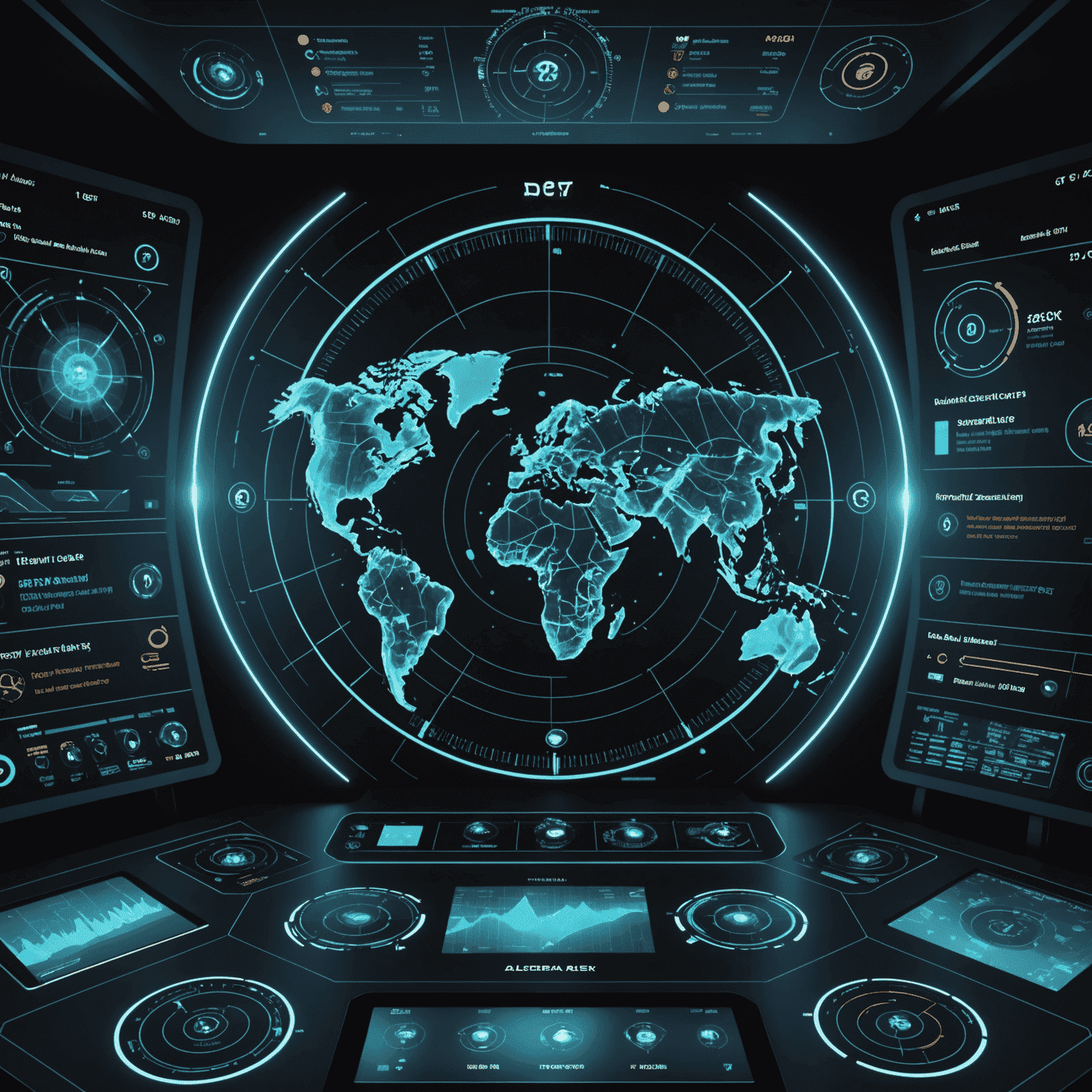 A futuristic dashboard displaying AI-powered threat detection analytics, with visual representations of network traffic and potential security risks