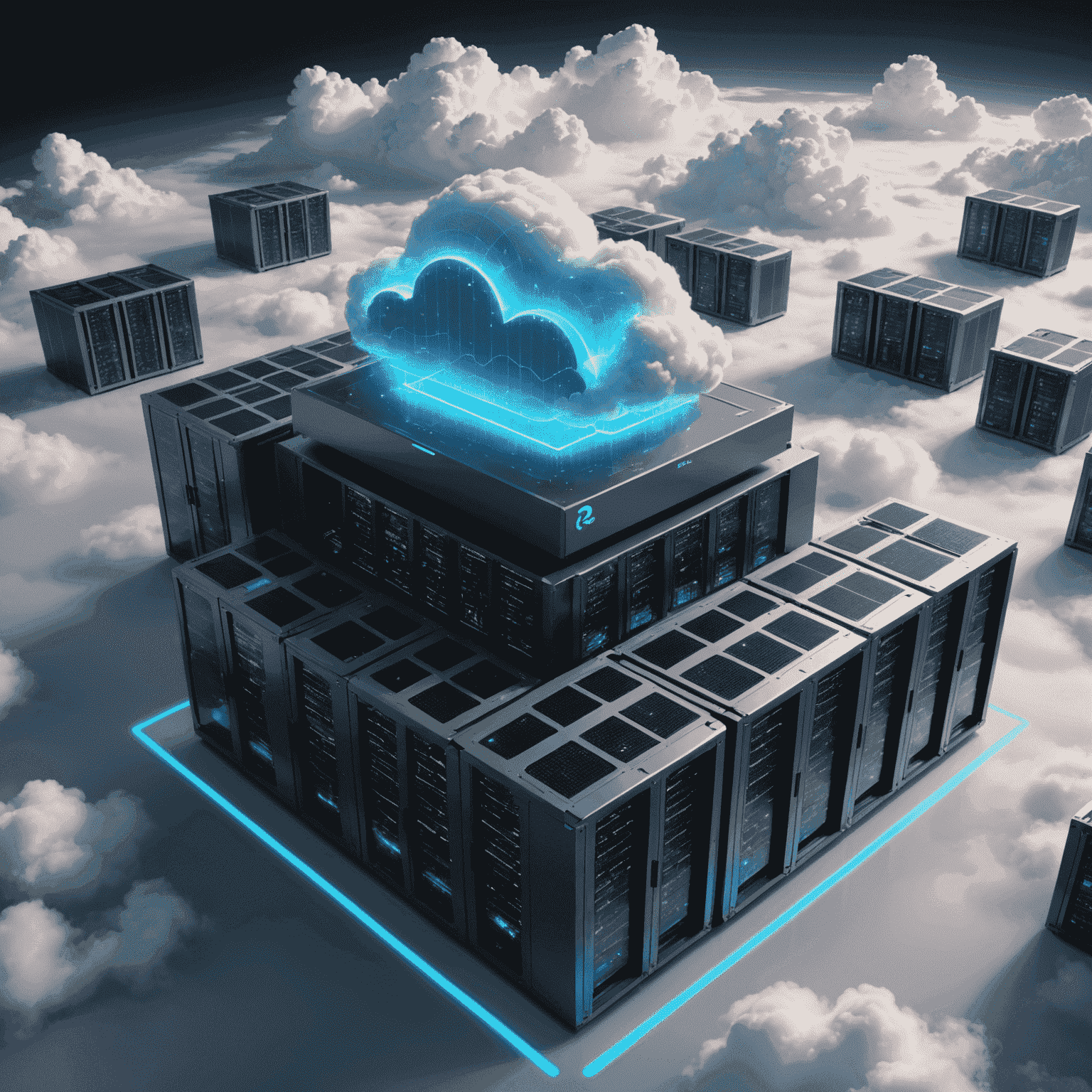 A 3D illustration of cloud servers and data centers, with holographic interfaces showing various cloud services and scalability metrics