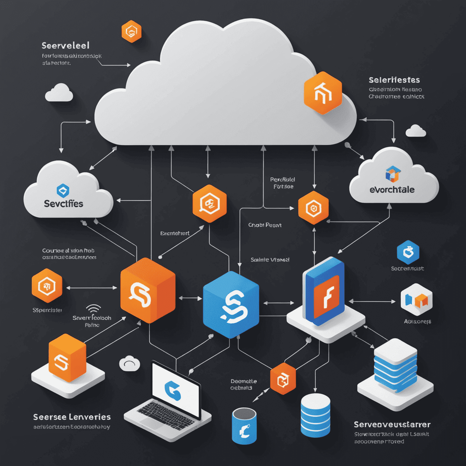 Visual representation of serverless architecture with code snippets flowing into cloud functions, surrounded by auto-scaling and event-driven triggers