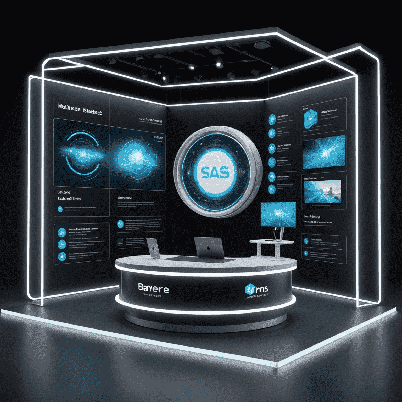 An interactive 3D stage with holographic displays showcasing various SaaS applications in action, with animated user interfaces and data flows