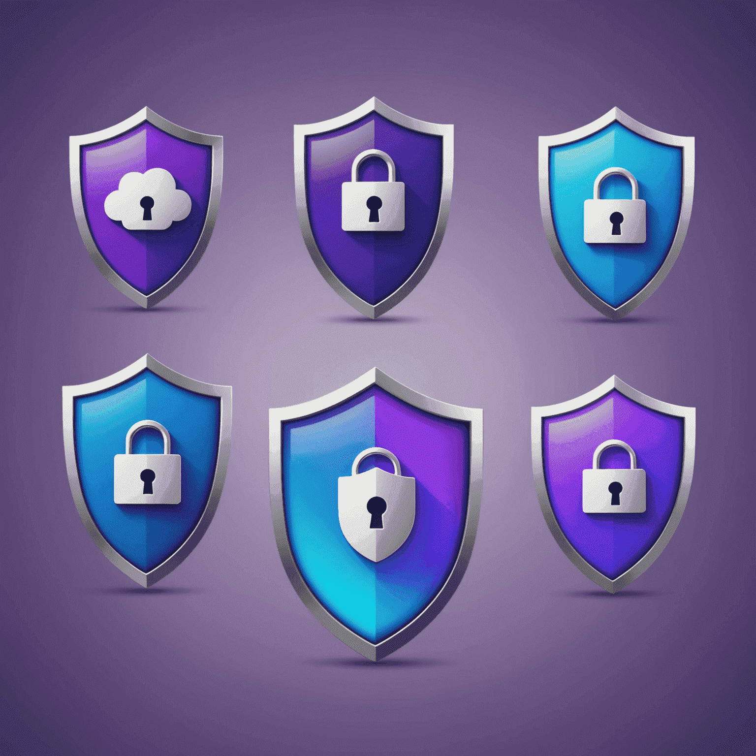 A series of 3D icons representing different aspects of cloud security: a shield, a lock, a firewall, and encrypted data packets. The icons are animated with subtle hover effects and use the website's blue and purple gradient colors.