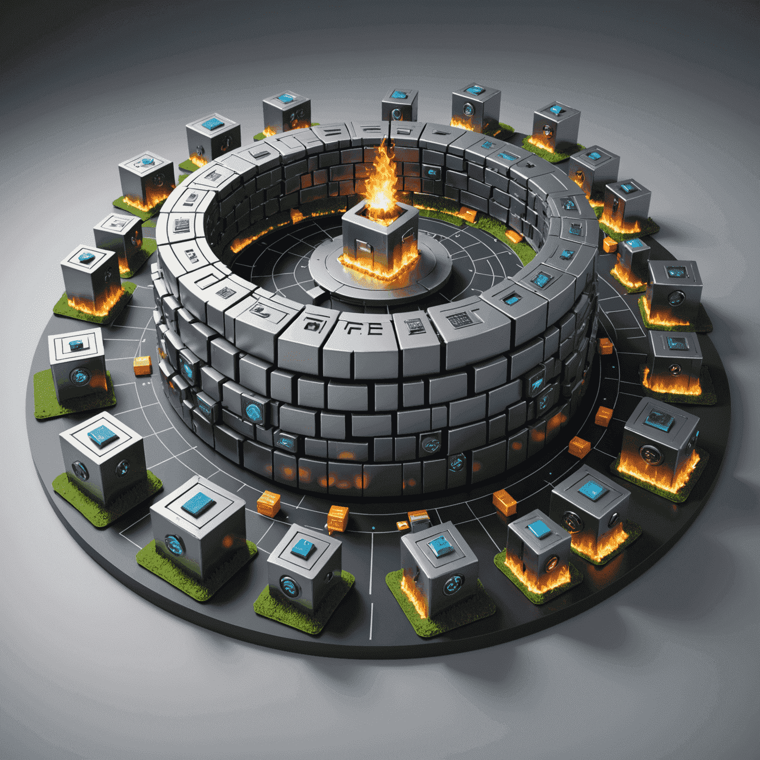 A 3D visualization of a secure data fortress with layers of protection, including firewalls, encryption keys, and compliance badges floating around