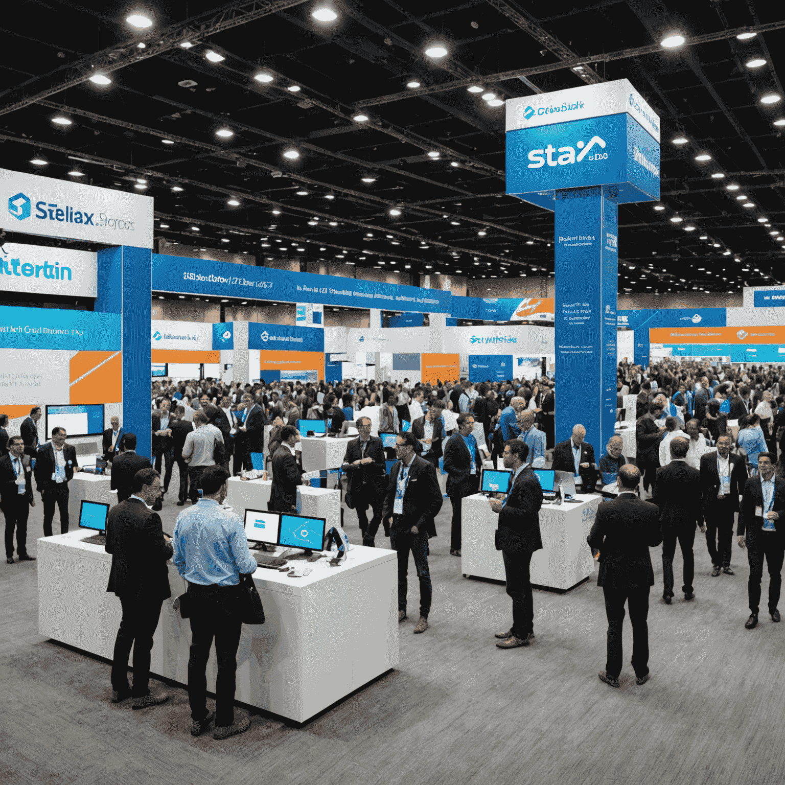 A panoramic view of the expo hall, showcasing various booths and interactive displays from leading cloud technology providers. The image captures the bustling atmosphere of innovation and networking at the SaaS & Cloud Technology Expo.