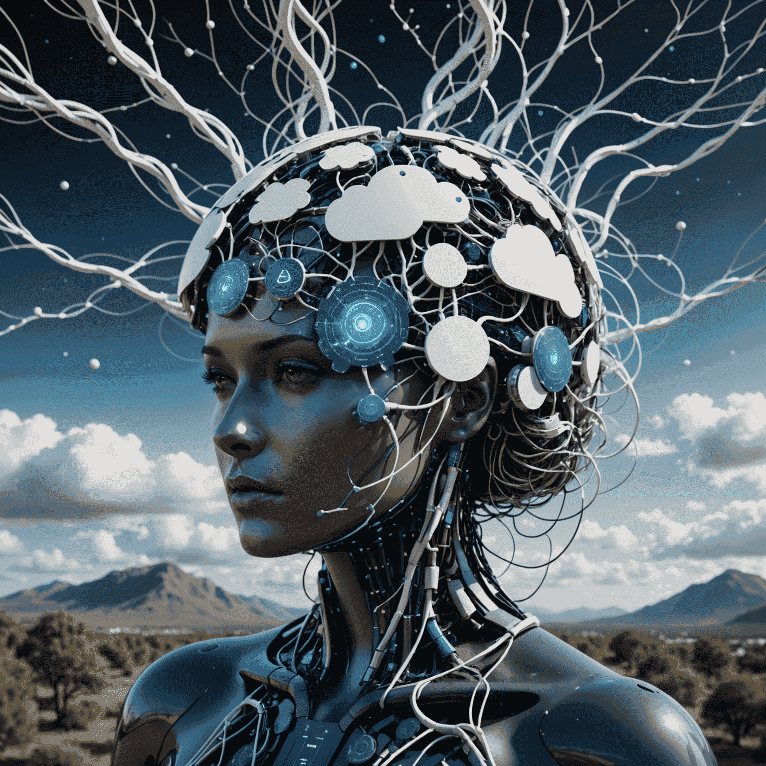 A futuristic 3D representation of AI neural networks intertwined with cloud symbols, showing data streams and machine learning algorithms at work