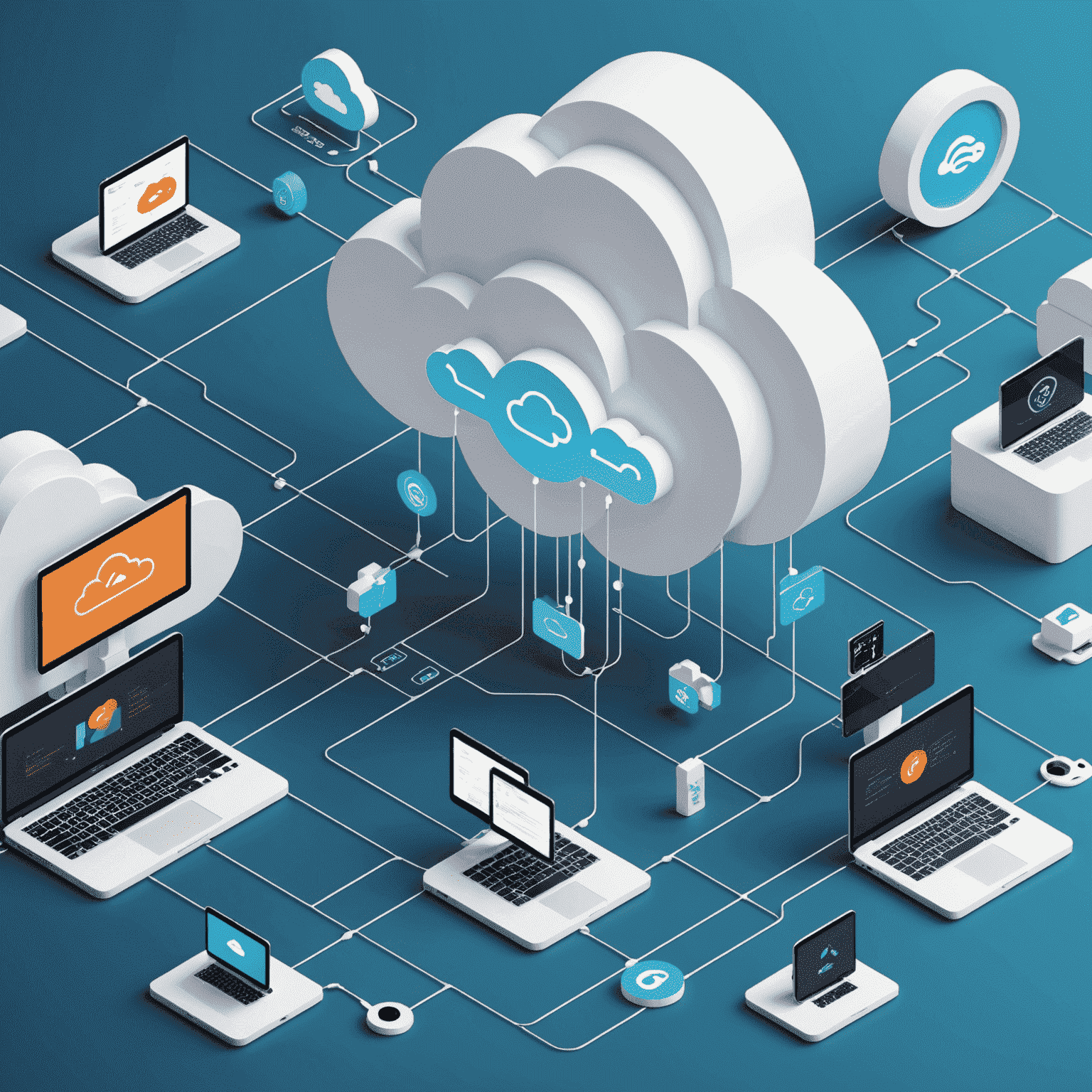 Illustration of SaaS integration strategies showing connected cloud services, API management, and data synchronization