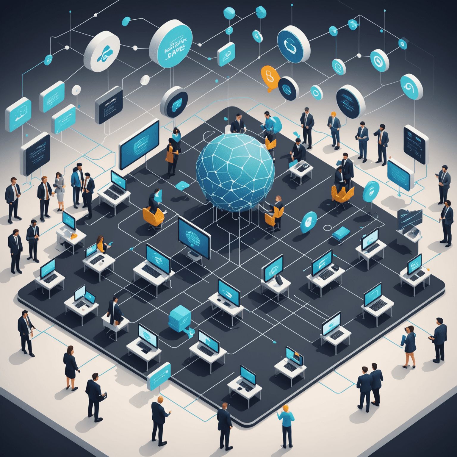 An isometric 3D illustration of a bustling networking space with interconnected nodes representing people, companies, and technologies in the SaaS and cloud sector