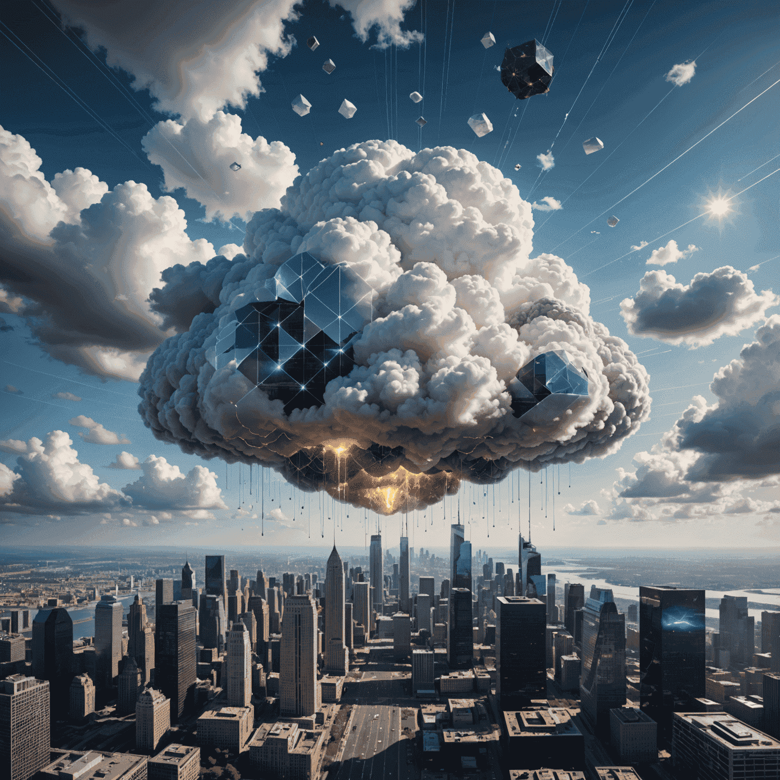 Futuristic visualization of emerging cloud technologies including edge computing, serverless architectures, and quantum cloud services
